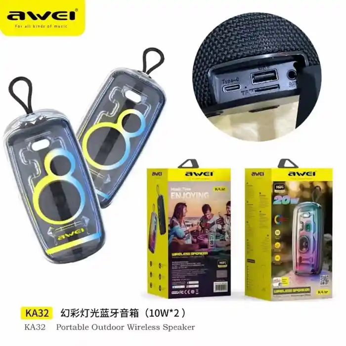 AWEI KA32 Waterproof Bluetooth Speaker TWS Pairing Music Player Subwoofer with Colorful Light